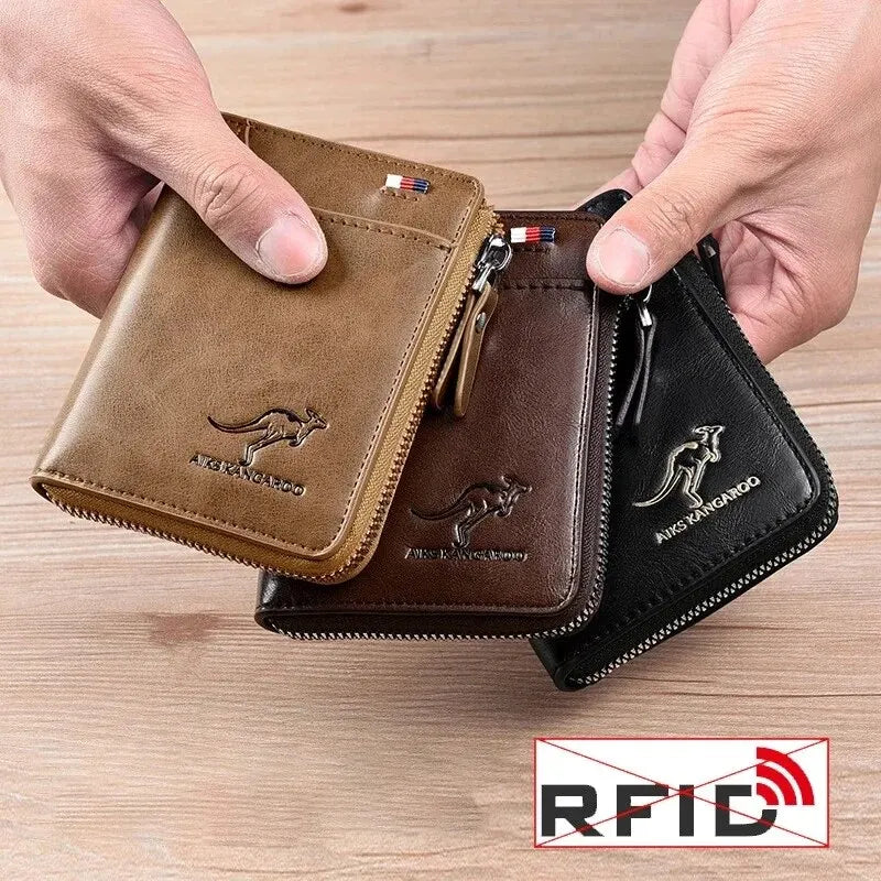 Mens RFID Protected Leather Wallet - Luxury Zippered Card Holder Purse for Business Cards with Elegant Carteira Masculina Style